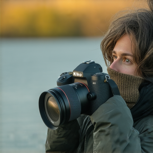 尼康Z fc相機在戶外拍攝，展示其優雅設計與性能，攝影師專注於創作，周圍圍繞風景與自然美，探索攝影新界限，無限可能。