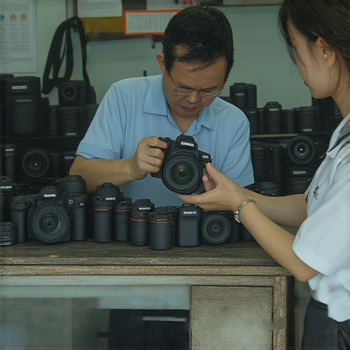 深水埗專業相機維修服務的技術人員正在為顧客檢查故障相機，專注維修過程，提供即時報價優惠，協助解決相機故障問題，讓顧客無需再煩惱。