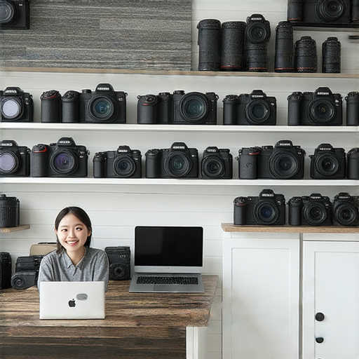 深水埗相機維修店內專業技術人員提供高品質相機維修服務，桌上擺放多款相機與工具，顧客滿意微笑，探索優惠價格與專業服務。