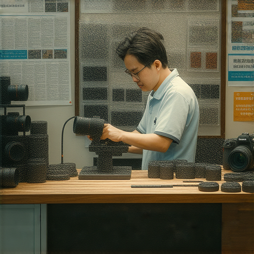 香港相機維修店內專業技術人員正在進行相機維修，展示修理工具和設備，還有課程推薦的宣傳資料，吸引攝影愛好者前來學習專業技術。