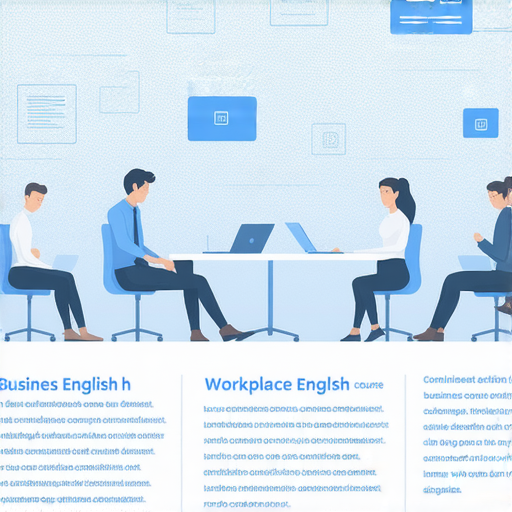 提升職場競爭力的商業英語課程與商務英語課程介紹圖，展示學員參加互動式學習，內容涵蓋商業術語、會議技巧與職場英語，提高職場表達能力與職業發展潛力