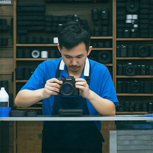 相機維修店內景，技術人員專注修理數碼相機，展示各式維修工具，深水埗到旺角相機維修服務，專業技術讓相機重獲新生。
