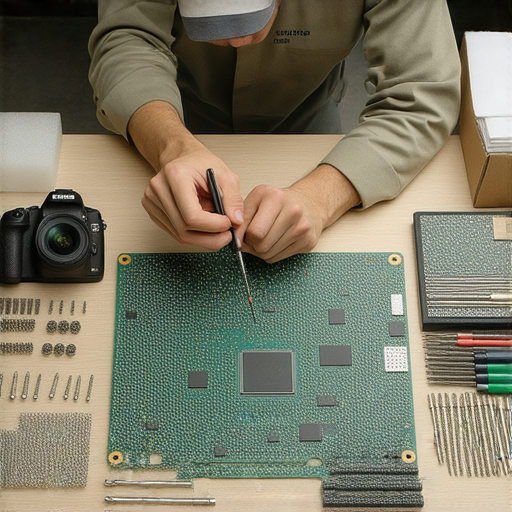 專業相機維修服務展示於深水埗和旺角，技師正在修理相機主板，工具齊全且專業，顯示出維修過程的重要性，適合尋求相機故障解決方案的用戶。