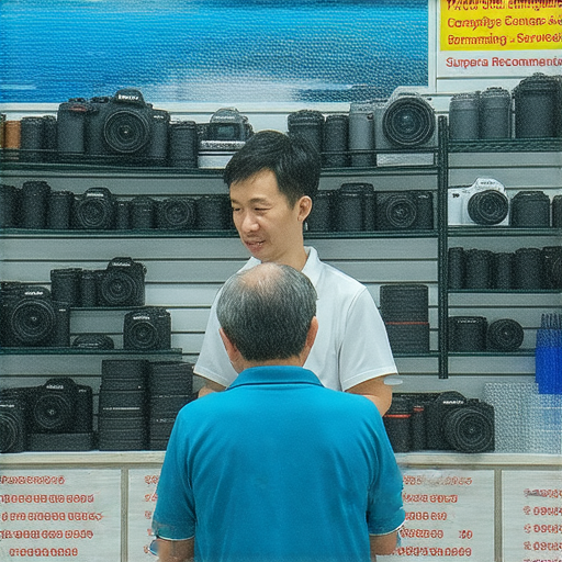 深水埗相機維修店內景，專業技術人員正在為顧客提供相機維修服務，展示多款工具與設備，詳情介紹優惠價錢及驚喜推薦。