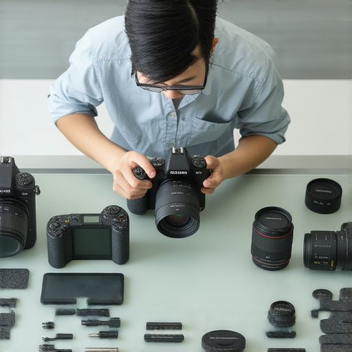 深水埗和旺角的相機維修服務專業技術人員正在檢查相機，展示設備修理過程，圖像展示維修工具和零件，強調其卓越的服務品質和專業推薦的維修選擇。