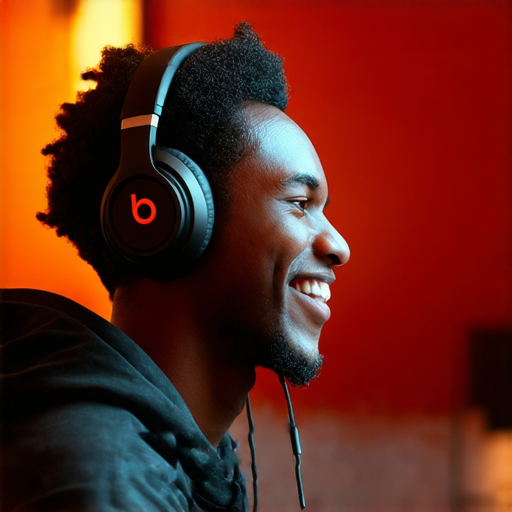 探索Beats耳機真實音質的使用者正在欣賞音樂，臉上洋溢著滿足的微笑，周圍環境氛圍音樂感十足，完美展現專業音樂世界的魅力。