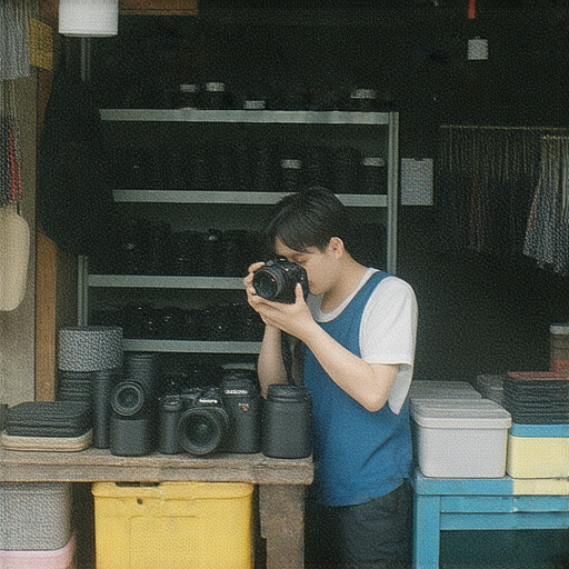 深水埗與旺角的相機維修店外觀，技師專心檢查相機，展示專業服務。背景有工具與相機配件，呈現攝影器材維修的繁忙氛圍。貴地區獨特的修理秘境，吸引攝影愛好者。