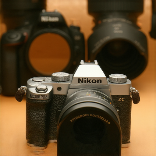 Nikon Z FC相機特寫，展現復古設計和現代技術結合，背景中充滿攝影器材和影像藝術元素，彰顯專業服務的專注與創意，探索新境界的影像拍攝。