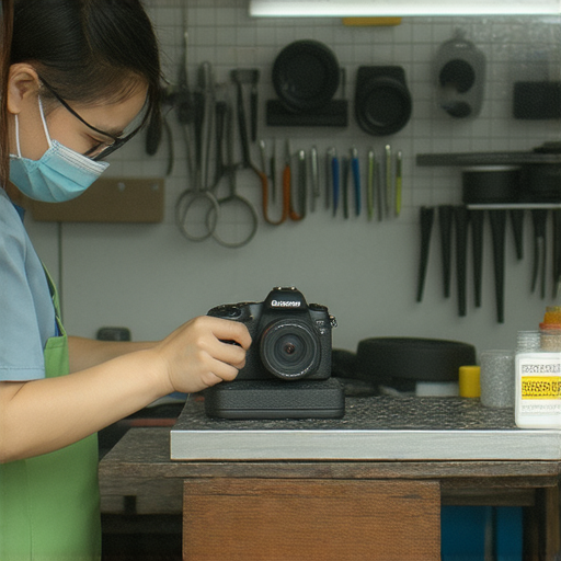 專業相機維修深水埗，技術人員正在細心檢查相機，修復過程中顯示工具和零件，讓你的相機重新綻放光彩，提供維修價格透明的服務。