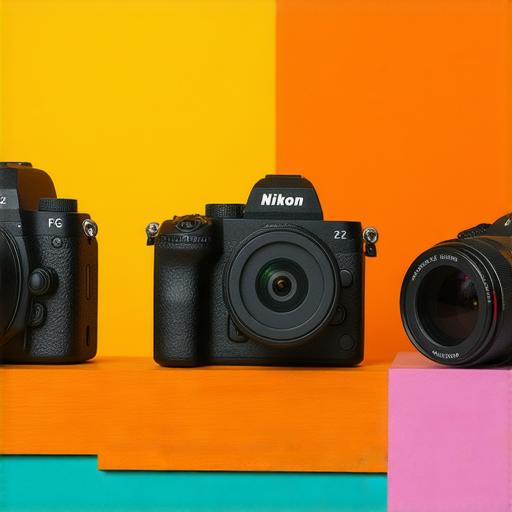 Nikon Z FC相機與Coolpix系列產品設置在多彩背景中，展示其獨特設計和功能，為攝影創作者提供靈感，展現探索影像世界的樂趣。