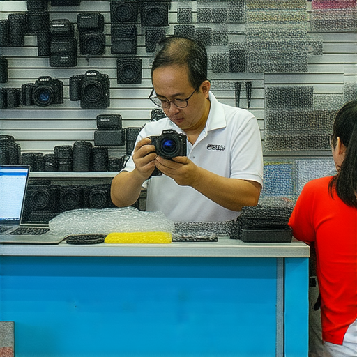 深水埗專業維修店內，一位技師正在檢查壞掉的數碼相機，顯示出工具及維修設備，旁邊有客戶等待修理服務，展現深入旺角的相機維修專業。