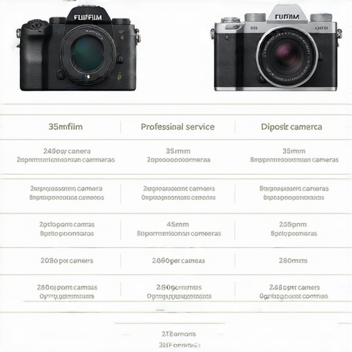 富士相機比較圖，展示2024年度最佳選擇，包括35mm與即棄相機，突顯專業服務與性能，幫助用戶輕鬆選擇合適的攝影設備。