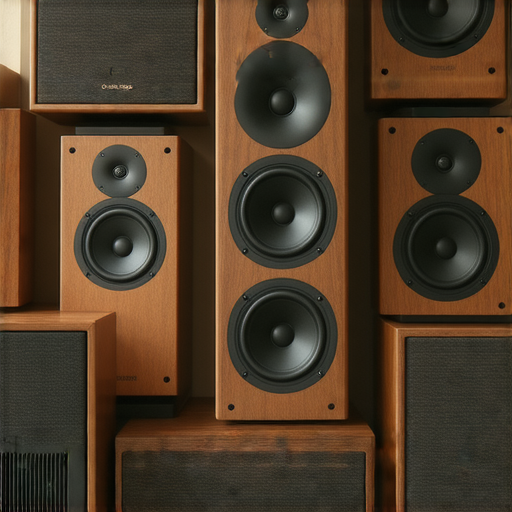 提升音質的祕訣，展示不同款式的音響箱，強調選擇適合的音響箱對音質的重要性，背景為音響設備的擺放和使用場景。
