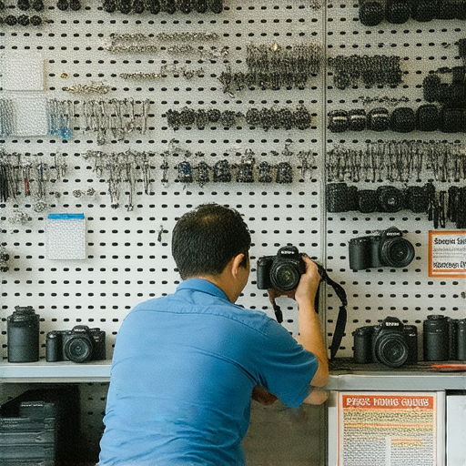 專業相機維修服務的店面，展示深水埗與旺角的維修工具與設備，技師認真檢查相機，提供價錢指南，吸引攝影愛好者前來尋求專業維修服務。