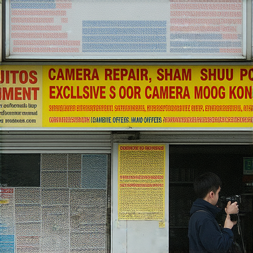 相機維修服務店的外觀在深水埗和旺角的街道上，專業技術人員正在檢查相機，顯示獨家報價和服務項目牌，吸引顧客了解相機維修和保養選擇。