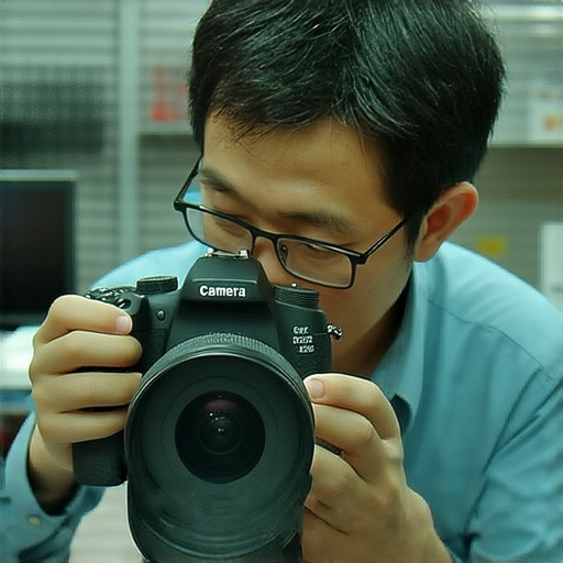 深水埗相機維修店內景，專業技術人員正在檢查相機鏡頭，展示實用維修技巧和服務，讓相機設備重獲新生，吸引攝影愛好者光顧。