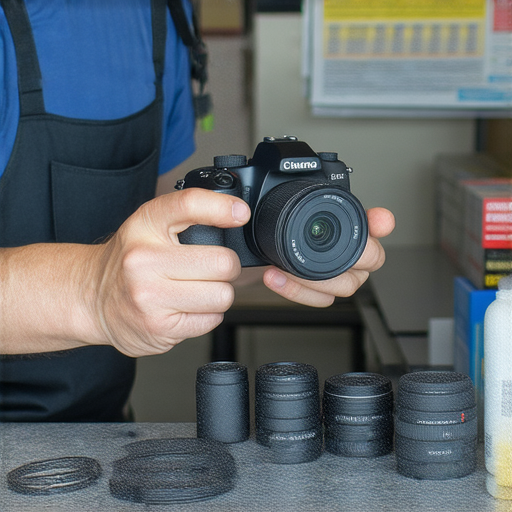 相機維修專業技師正在深水埗進行相機檢查，背景是繁忙的旺角街道，展示多種修理工具，突顯專業維修服務與價格透明，讓消費者無需擔心相機故障。