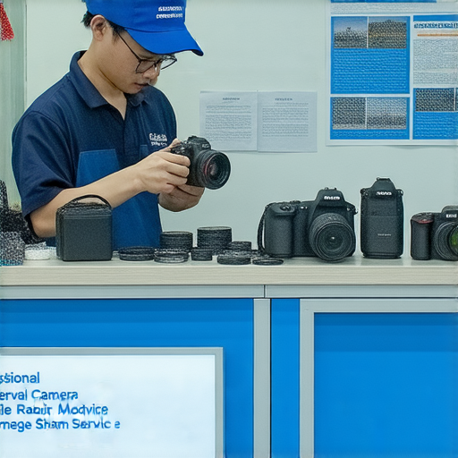 在深水埗的專業相機維修服務標誌，展示技術人員正在修理相機，環境乾淨整潔，突出專業服務品質，吸引顧客探索超值維修選擇。