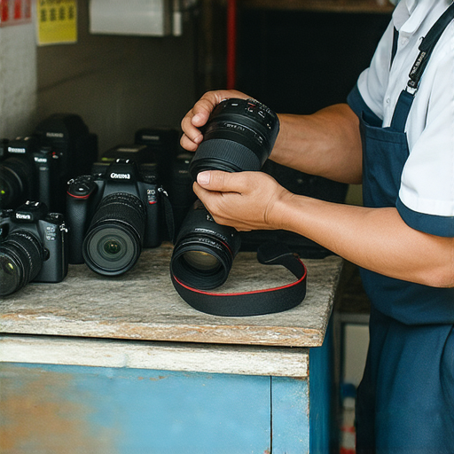 相機維修服務專業技術人員正在深水埗進行相機檢查，旁邊擺放著各種相機配件，為顧客提供專業維修與維護建議，重拾捕捉美好瞬間的能力。