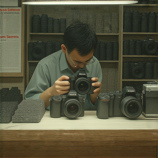 專業相機維修店內部，技師專心維修相機，展示各種相機零件，背景為深水埗到旺角的街景，突顯探索最佳相機維修秘訣的氛圍。