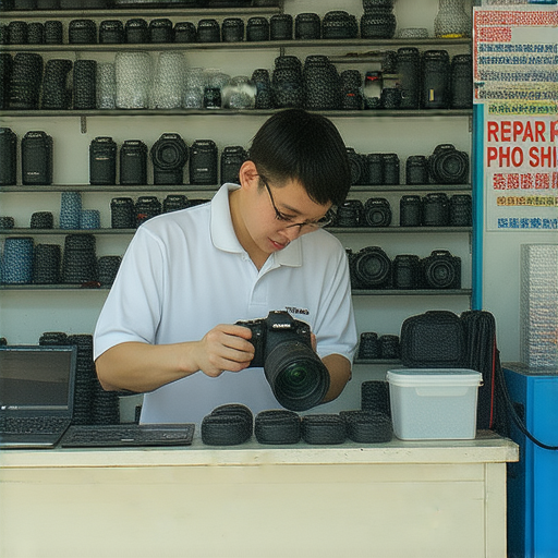 深水埗與旺角的數碼相機維修店內部，專業技術人員正在檢查相機，展示出修復過程中使用的工具與設備，提供最佳維修秘訣，幫助攝影愛好者快速修復相機。