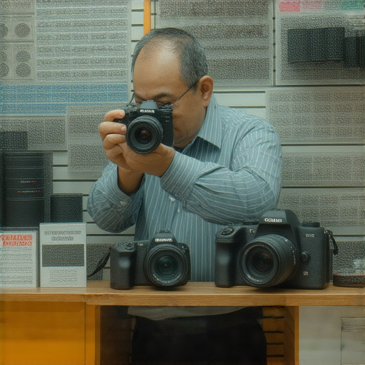 深水埗與旺角的相機維修店內部，專業技師正在檢查相機，旁邊展示維修工具與價格標籤，呈現相機維修秘訣，獲得新生的相機與優質的維修服務。