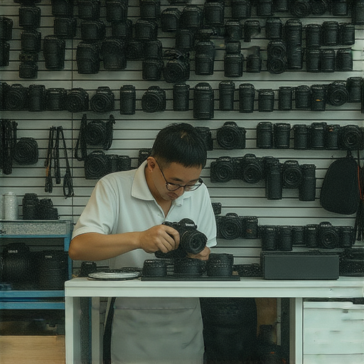 深水埗與旺角相機維修專業店內景，顯示技術人員專注修理相機，工具與配件井然有序，吸引攝影愛好者探索維修服務，尋找相機新生。