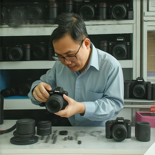 深水埗相機維修專家的專業技術人員在細心修理相機，背景顯示各種相機配件，展現優質維修服務，讓你的相機煥然一新，重拾拍攝樂趣。