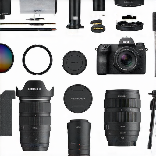 Fujifilm相機及其配件展示，包括鏡頭、三腳架和濾鏡，適合攝影愛好者的使用技巧指南，提高拍攝效果與創意。
