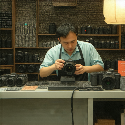 香港相機維修店內部，技術人員正在專注維修相機，旁邊展示各類維修工具與設備，適合想了解專業維修課程的攝影愛好者及修理專業人士。
