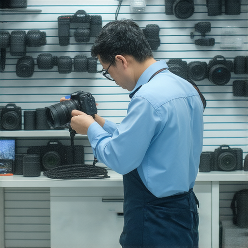 深水埗與旺角專業相機維修服務，技術精湛的維修師正在檢查相機，提供專業維修建議，確保相機性能恢復如新，吸引攝影愛好者選擇的信賴服務。
