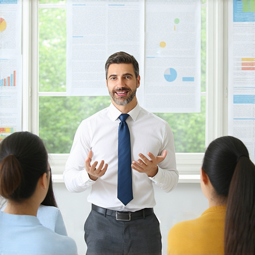 提升商業英語能力的實用商務英語課程推薦，圖中顯示了專業教師授課畫面，學生們專注學習，課程資料包含商業術語及交流技巧，促進商務溝通能力提升。