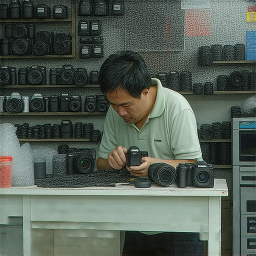 深水埗與旺角的專業相機維修店內部畫面，技術人員正在檢查數碼相機，顯示維修流程與工具，展示如何讓相機重現生機，搜索關鍵字包括相機維修與數碼相機。