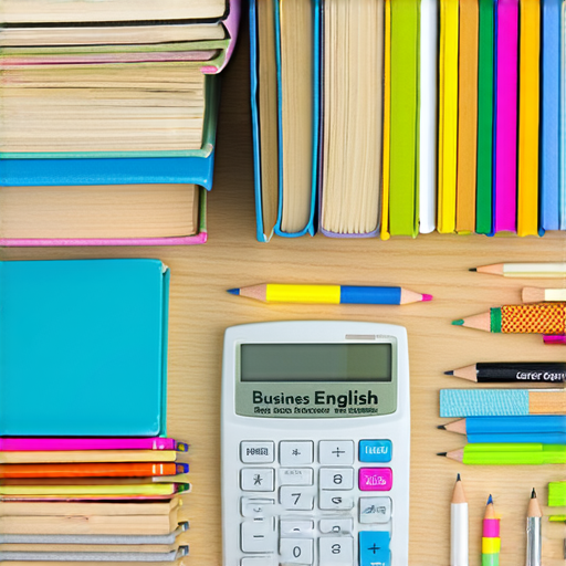 提升職場競爭力的商業英語課程與商務英語課程選擇指南 書本堆疊於桌面上 繽紛的學習工具與筆記本 周圍有筆和計算機 提供職場英語學習的靈感與資源