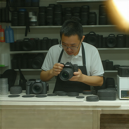 深水埗和旺角相機維修店內部，專業技師正為相機進行維修，工具與設備整齊排列，展示維修過程的細緻與專業，讓你的相機重獲新生的秘密在此揭開。