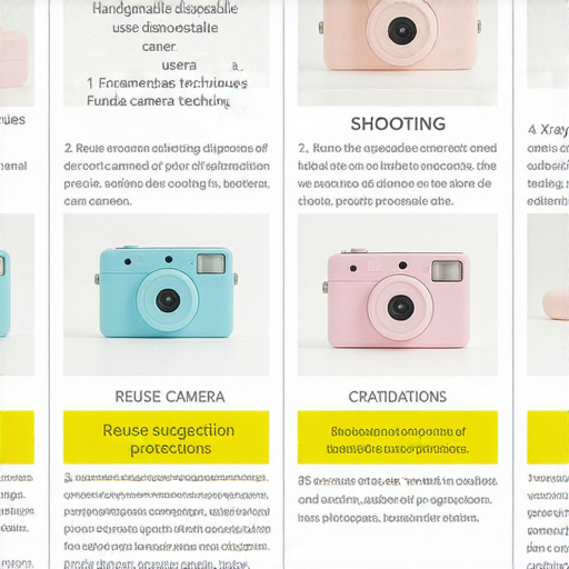 傻瓜相機使用指南圖示，包含托運方法、拍攝技巧、重複使用建議及過X光注意事項，清楚標示各步驟，便於新手了解如何正確使用傻瓜相機進行拍攝。