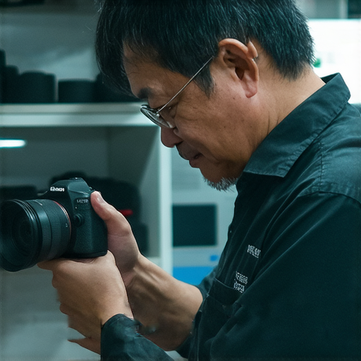 深水埗和旺角的專業相機維修服務，技術人員正在檢查相機內部，背景可見維修店內的工具和設備，展示高品質的維修環境，吸引攝影愛好者了解更多維修資訊。