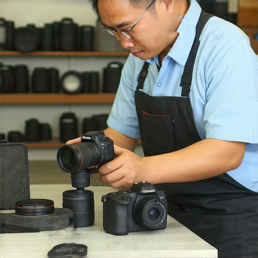 深水埗與旺角專業相機維修服務廣告，展示維修工具與專業技術人員，吸引客戶查詢價格及推薦，解決相機故障問題。