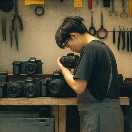 深水埗與旺角的相機維修專家推薦圖片，展示維修店內部環境，技师專注修理相機，工具及維修設備一覽無遺，為攝影愛好者提供最佳選擇。