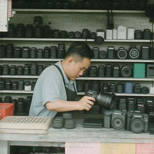 修理專業相機的技術人員在深水埗進行維修，旺角商店展示各種相機修理工具，顧客信賴的攝影夥伴維修服務，為您的相機提供高品質維修解決方案。