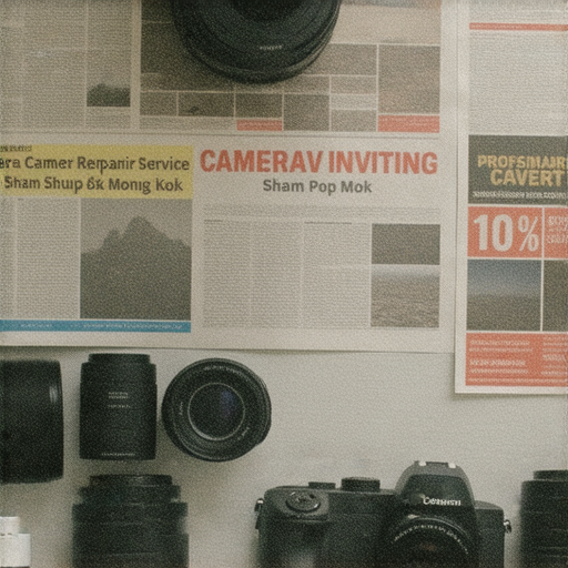 深水埗與旺角的專業相機維修服務展示，技術人員正在檢查相機，提供優惠資訊，吸引攝影愛好者探索最佳維修選擇。