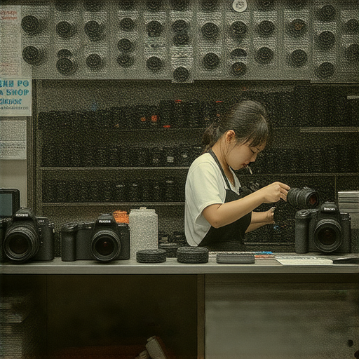 深水埗與旺角的相機維修店，展示專業技術人員在修理相機，背景中可見各種相機配件和工具，吸引攝影愛好者尋找專業維修服務。