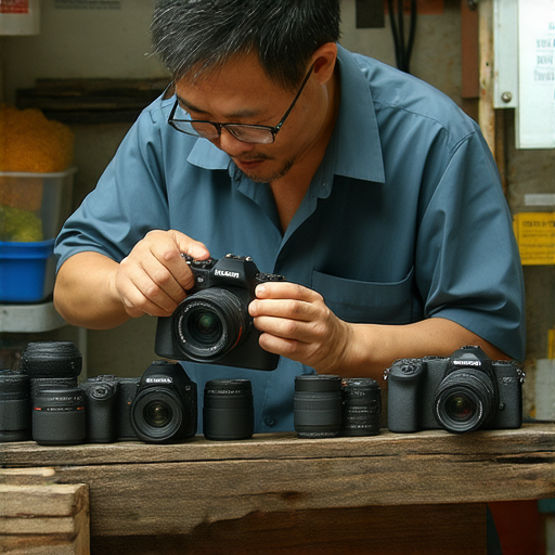 專業相機維修指南，展示深水埗和旺角的隱藏維修寶地，維修技師專注檢查相機，工具整齊排列，適合尋找專業相機維修服務的攝影愛好者。