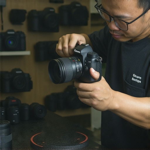 深水埗及旺角專業相機維修服務，展示專業技師在進行修理，背景有相機設備，強調突破相機故障的技術，歡迎體驗不一樣的修理課程，提升攝影器材效能。