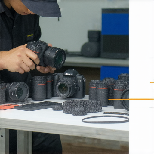 專業相機維修服務展示，包含深水埗與旺角的維修店鋪及全港服務介紹，圖片呈現維修技術人員專心維修相機設備的情景，為用戶提供可靠的解決方案。