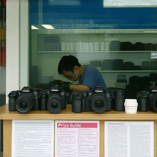 香港相機維修中心外觀，展示各種維修服務的標示與設備，環境整潔，專業技術人員正在檢查設備，維修價格指南或許可見於桌面，吸引攝影愛好者關注。
