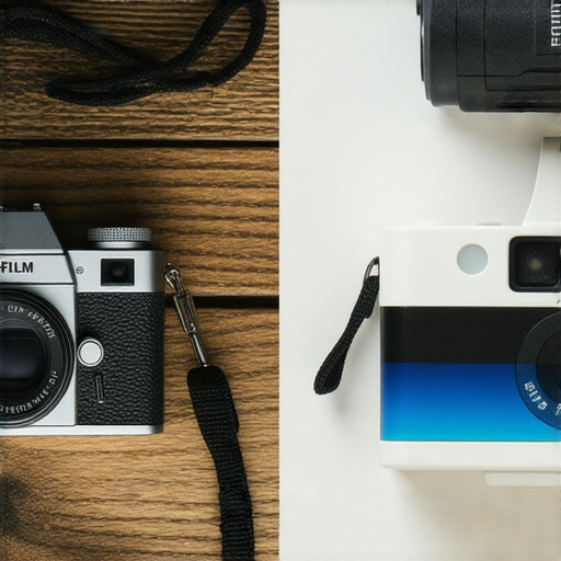 Fujifilm相機的35mm與即棄相機比較圖，展示兩款相機的外觀、特點與使用情境，揭示專業攝影服務的選擇。