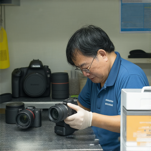 深水埗和旺角相機維修專業服務展示，技師正在檢查相機設備，客戶安心相談，探索相機維修指南，助您重拾拍攝樂趣，提升攝影體驗。