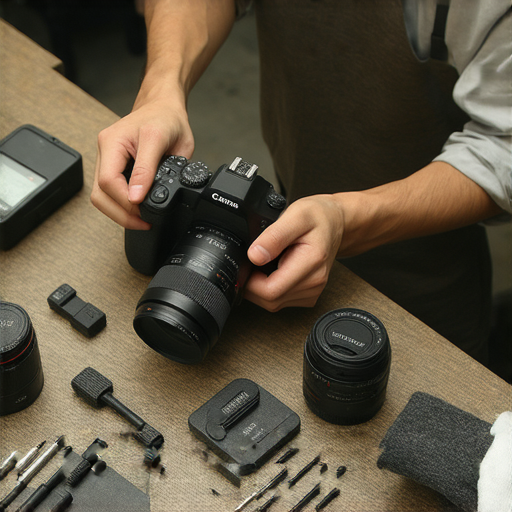 深水埗與旺角的專業相機維修服務，技術人員正在修復數碼相機，展現細緻的維修過程以及各類相機配件，讓您的設備重獲新生，提升攝影體驗。