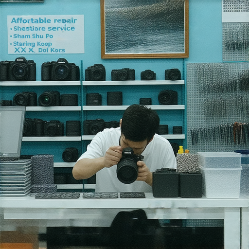 深水埗和旺角專業相機維修店內景，技師專注進行相機維修，提供專業服務，價格優惠低至XX元，吸引攝影愛好者了解相機維修方案。